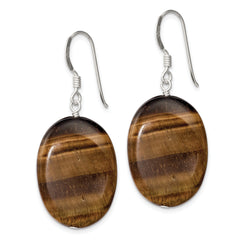 Sterling Silver Polished Tiger's Eye Oval Dangle Earrings