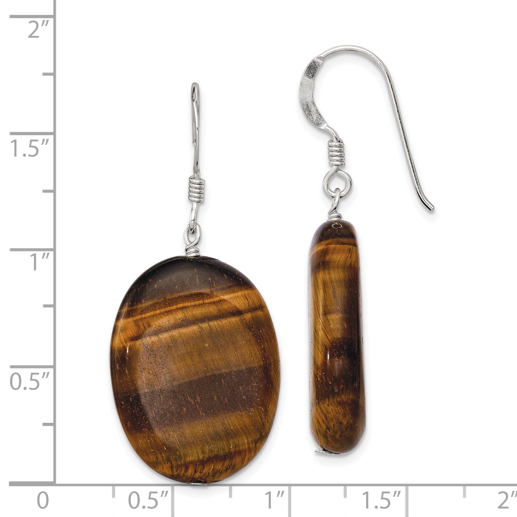 Sterling Silver Polished Tiger's Eye Oval Dangle Earrings