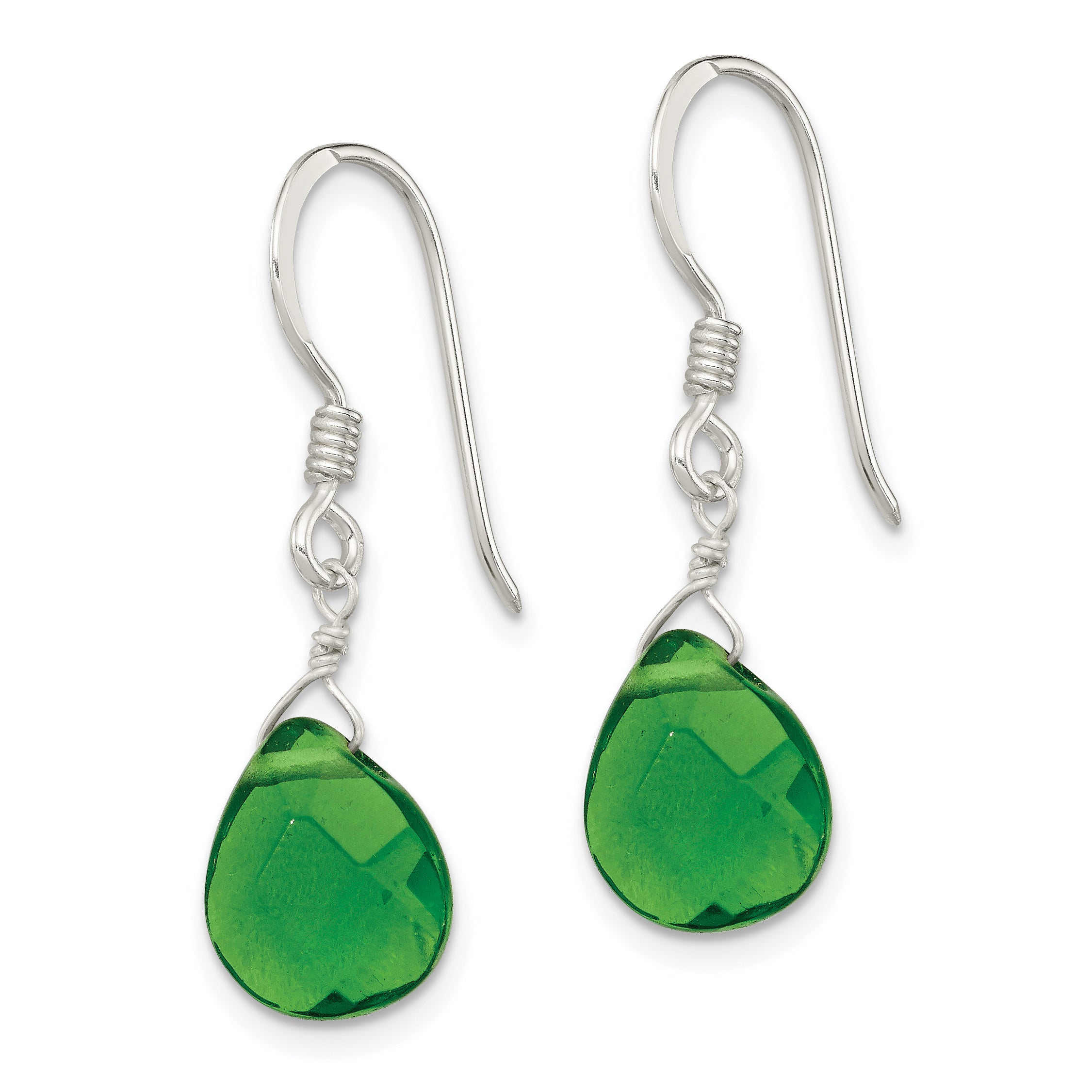 Sterling Silver Polished Dark Green Crystal Teardrop Dangle Earrings Secondary image