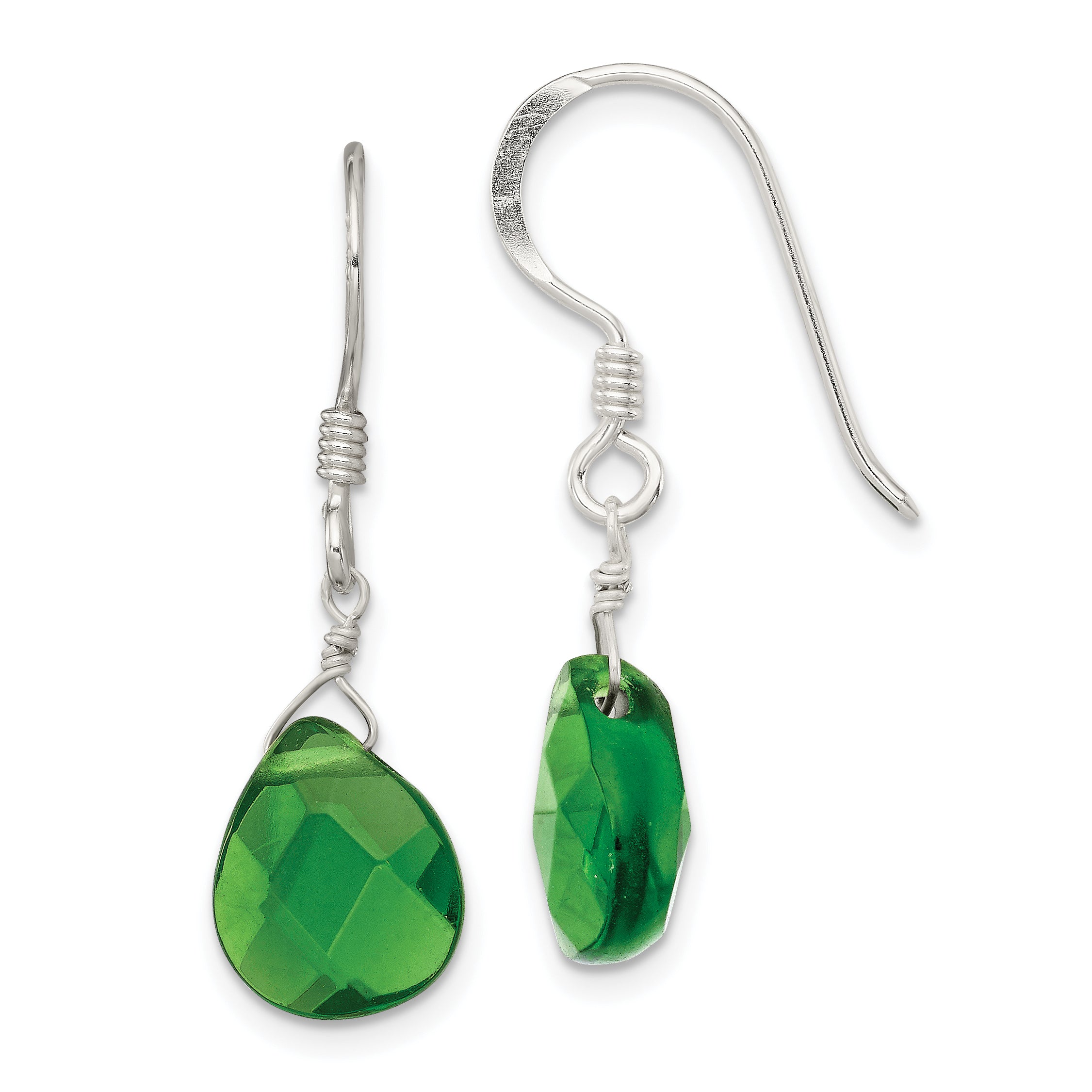 Sterling Silver Polished Dark Green Crystal Teardrop Dangle Earrings Main image