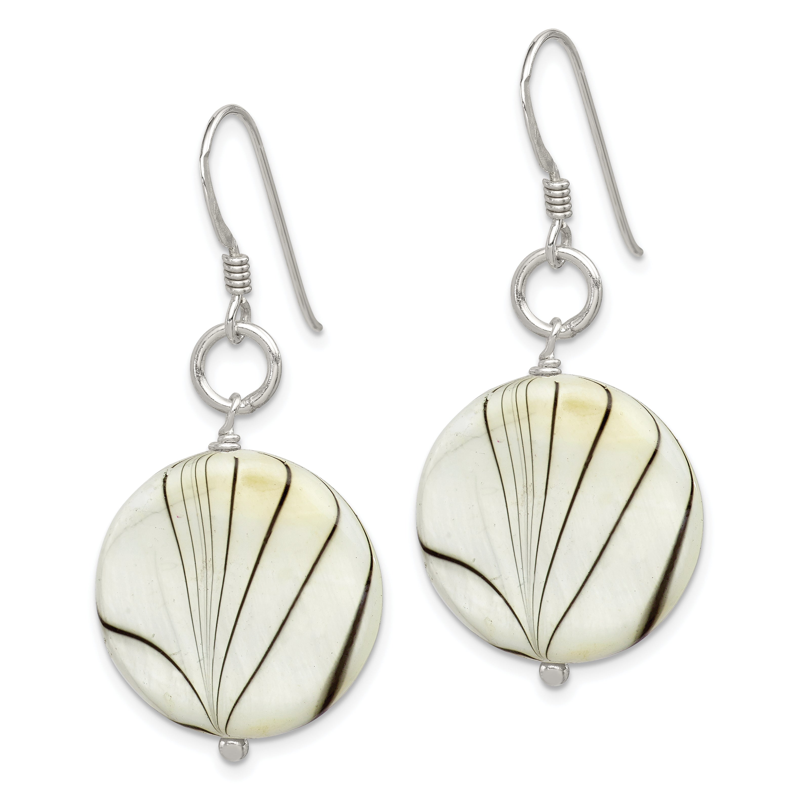 Sterling Silver Polished Zebra Mother of Pearl Disc Dangle Earrings