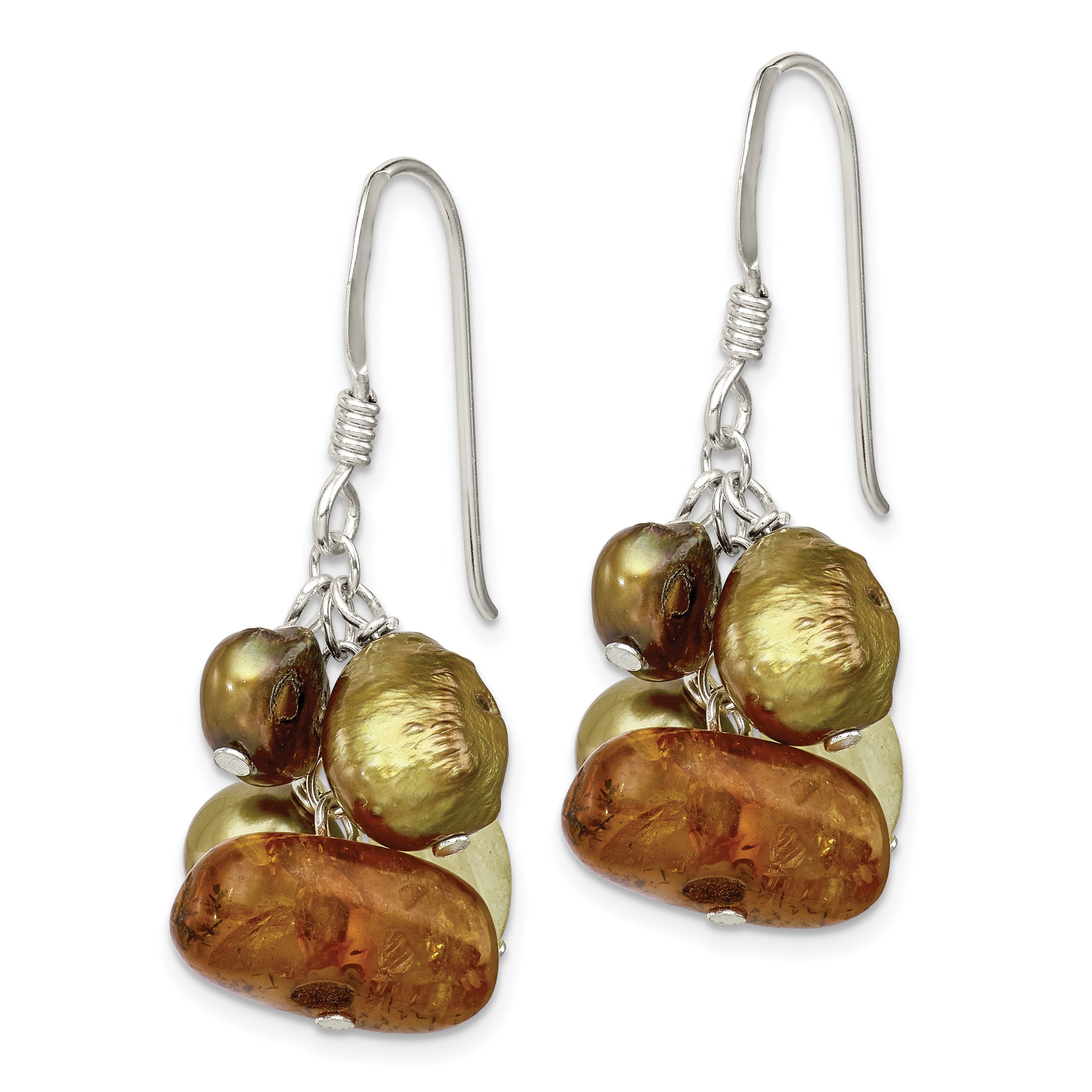 Sterling Silver Polished Amber, Citrine & FW Cultured Pearl Dangle Earrings Secondary image