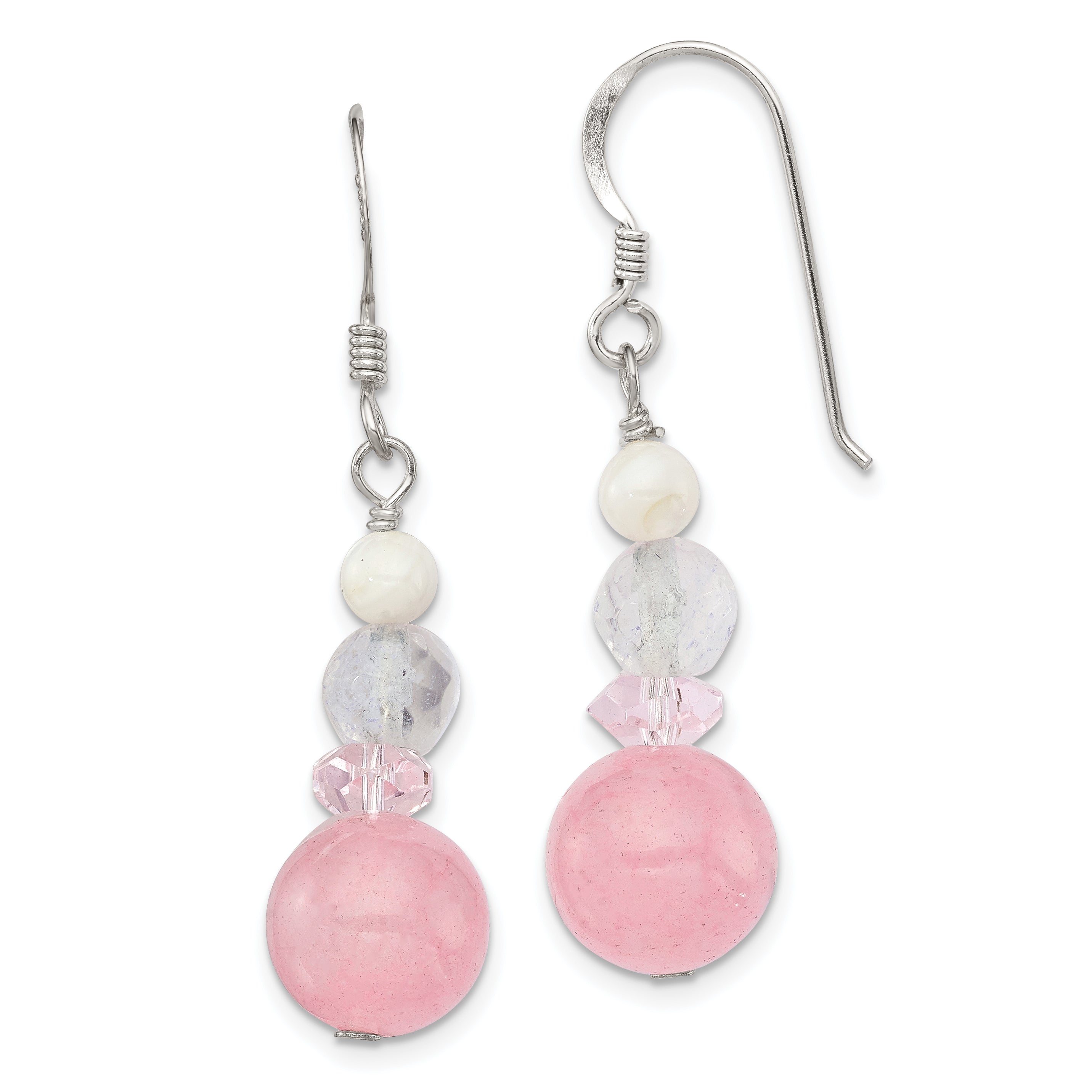 Sterling Silver Polished Pink Crystal, Jade & Mother of Pearl Dangle Earrin Main image