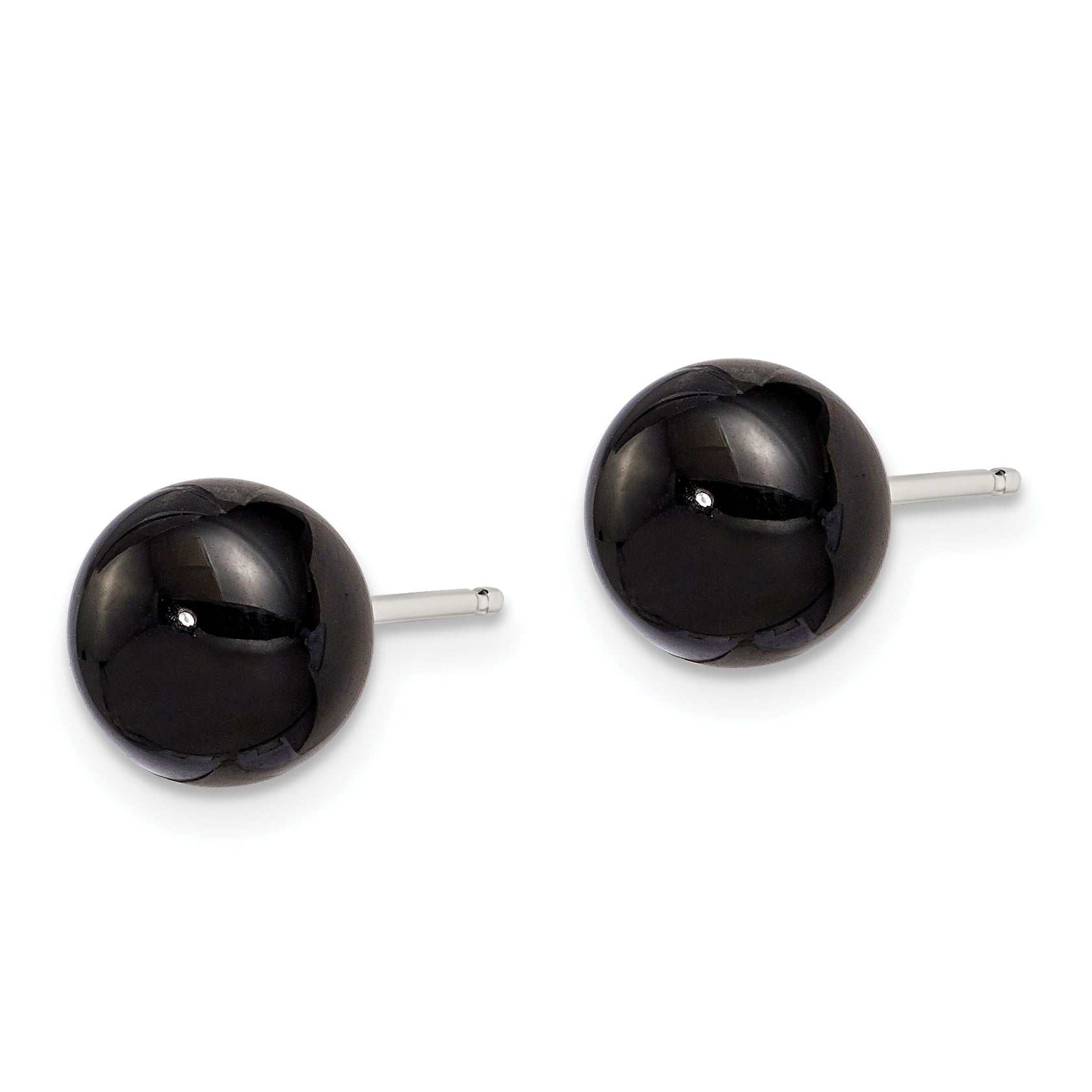 Sterling Silver Rhod-pltd 8-8.5mm Black Agate Button Post Earrings Secondary image