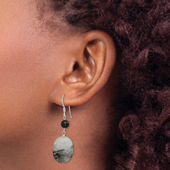 Sterling Silver Polished Black Crystal & Tourmalinated Quartz Oval Dangle Earrings