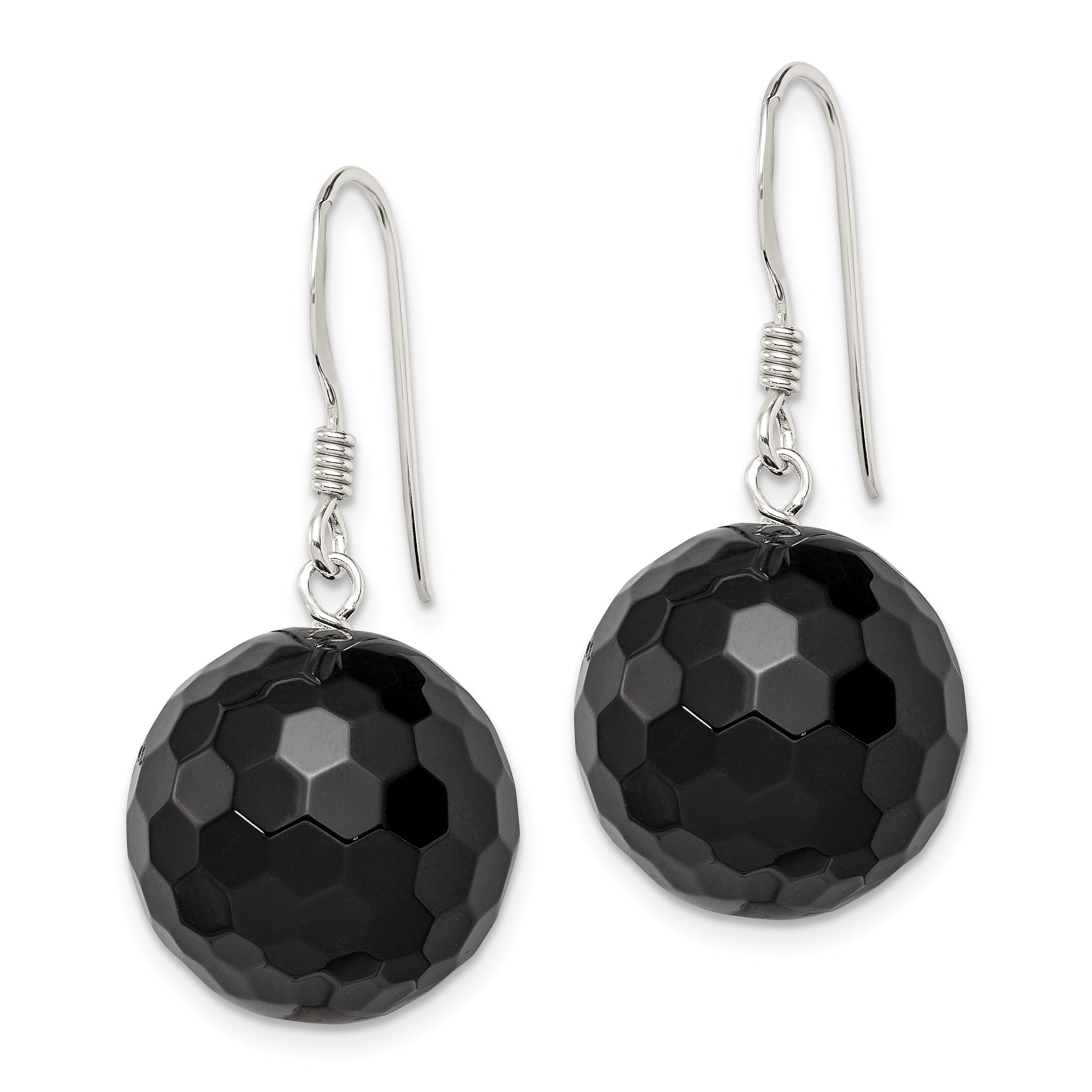 Sterling Silver Polished 17mm Faceted Onyx Bead Dangle Earrings Secondary image