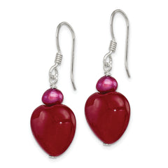 Sterling Silver Polished Red FWC Pearl & Red Jade Heart Dangle Earrings