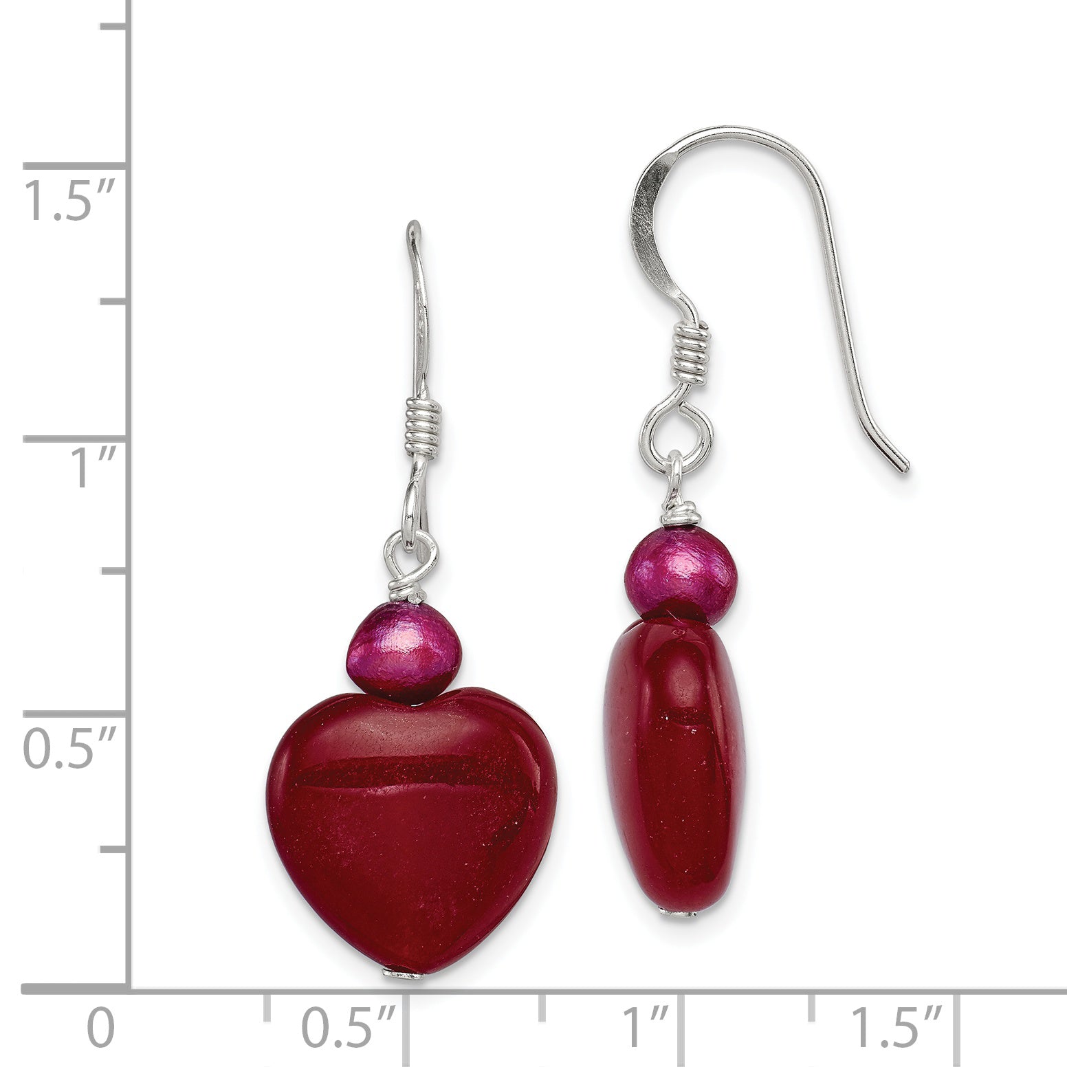 Sterling Silver Polished Red FWC Pearl & Red Jade Heart Dangle Earrings