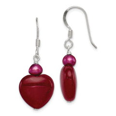 Sterling Silver Polished Red FWC Pearl & Red Jade Heart Dangle Earrings