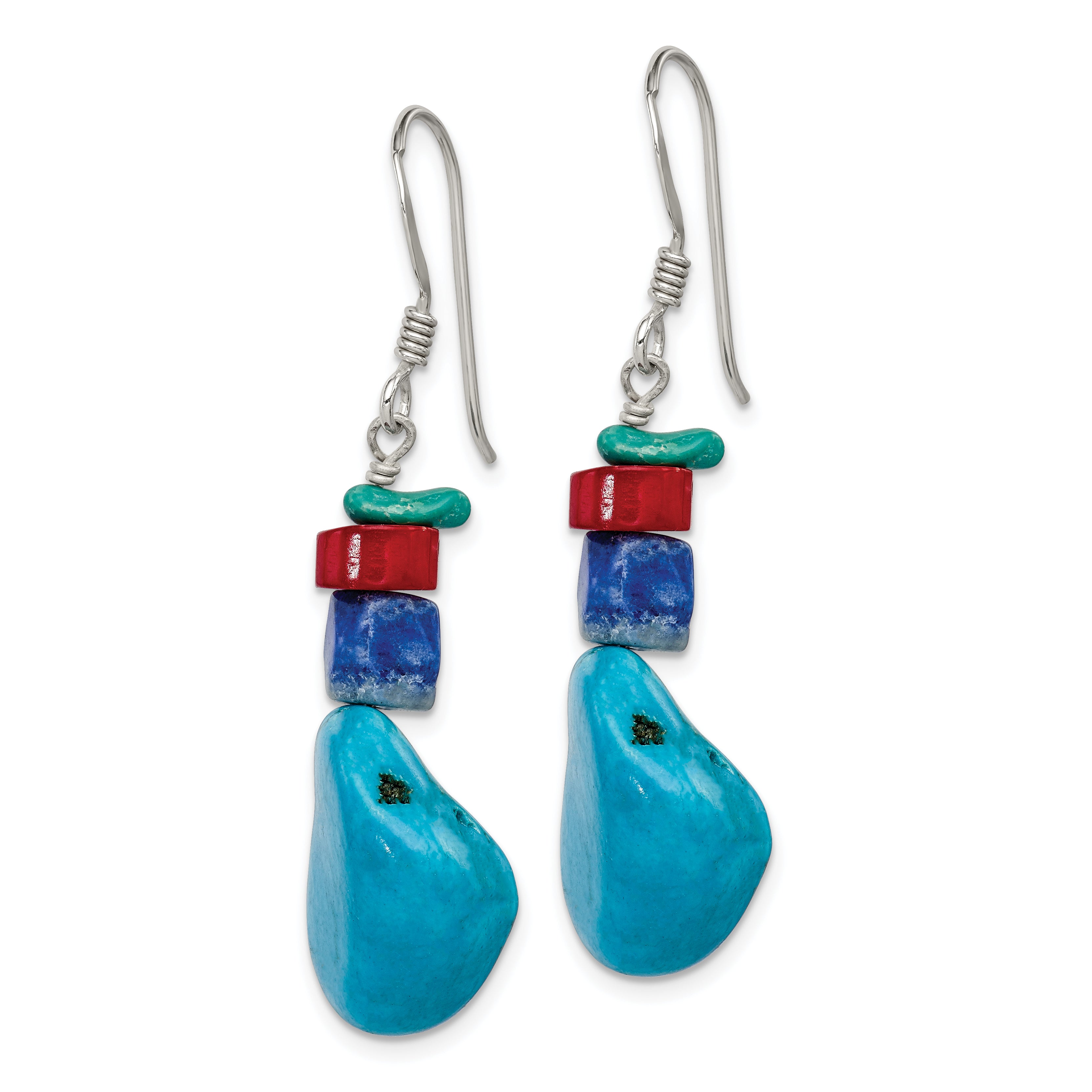 Sterling Silver Red Coral/Howlite/Lapis/Turquoise Dangle Earrings