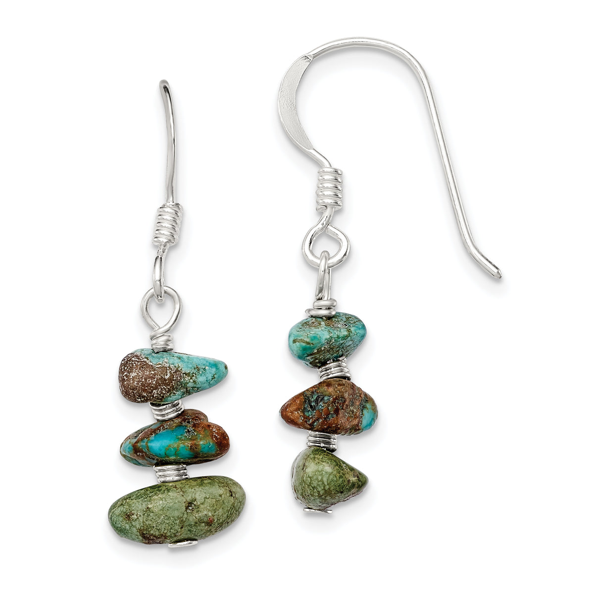 Sterling Silver Polished Three Turquoise Chip Dangle Earrings