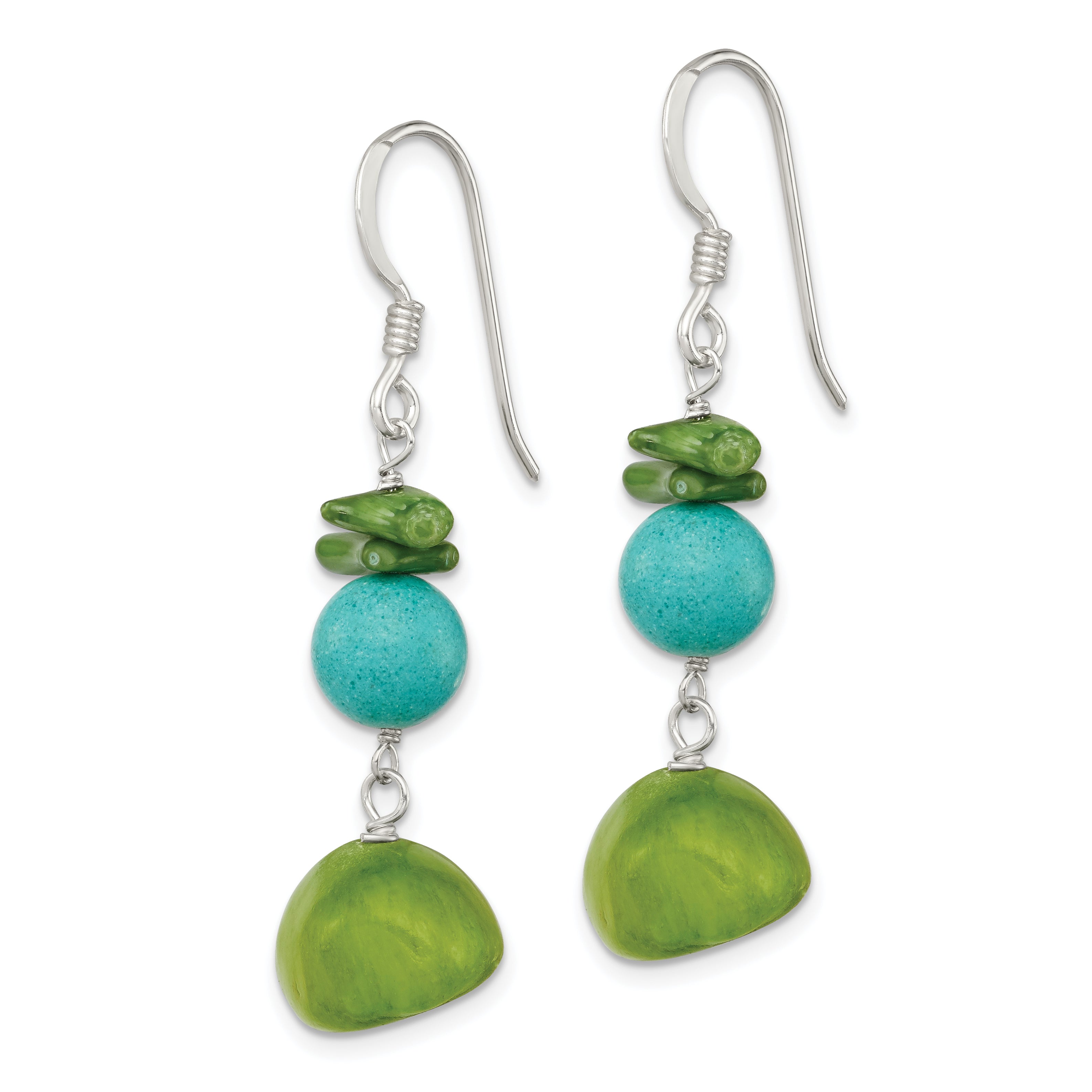 Sterling Silver Jade/Green Coral/Blue Dyed Howlite Dangle Earrings