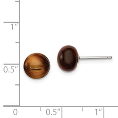 Sterling Silver Rhod-pltd 8-8.5mm Tiger's Eye Button Post Earrings