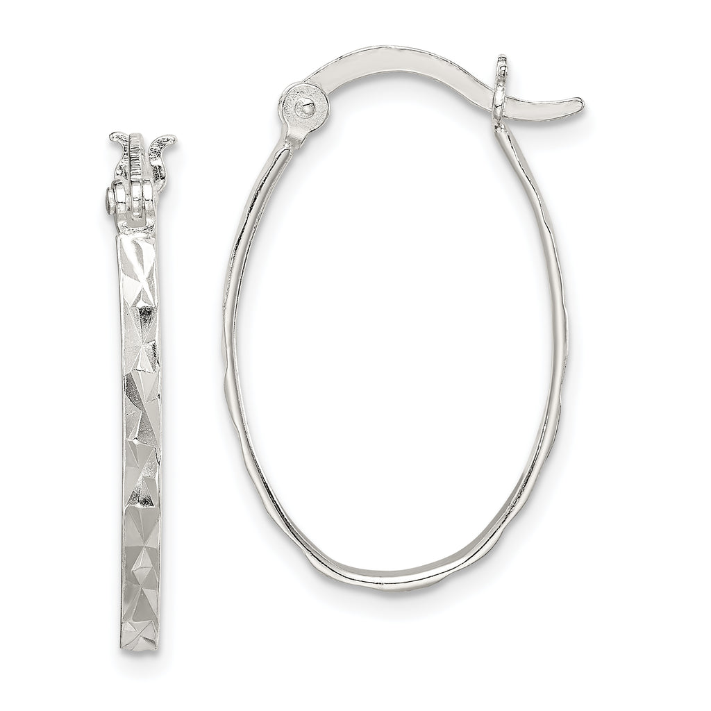 Sterling Silver Rhod-plated Polished/Textured 2mm Oval Hoop Earrings
