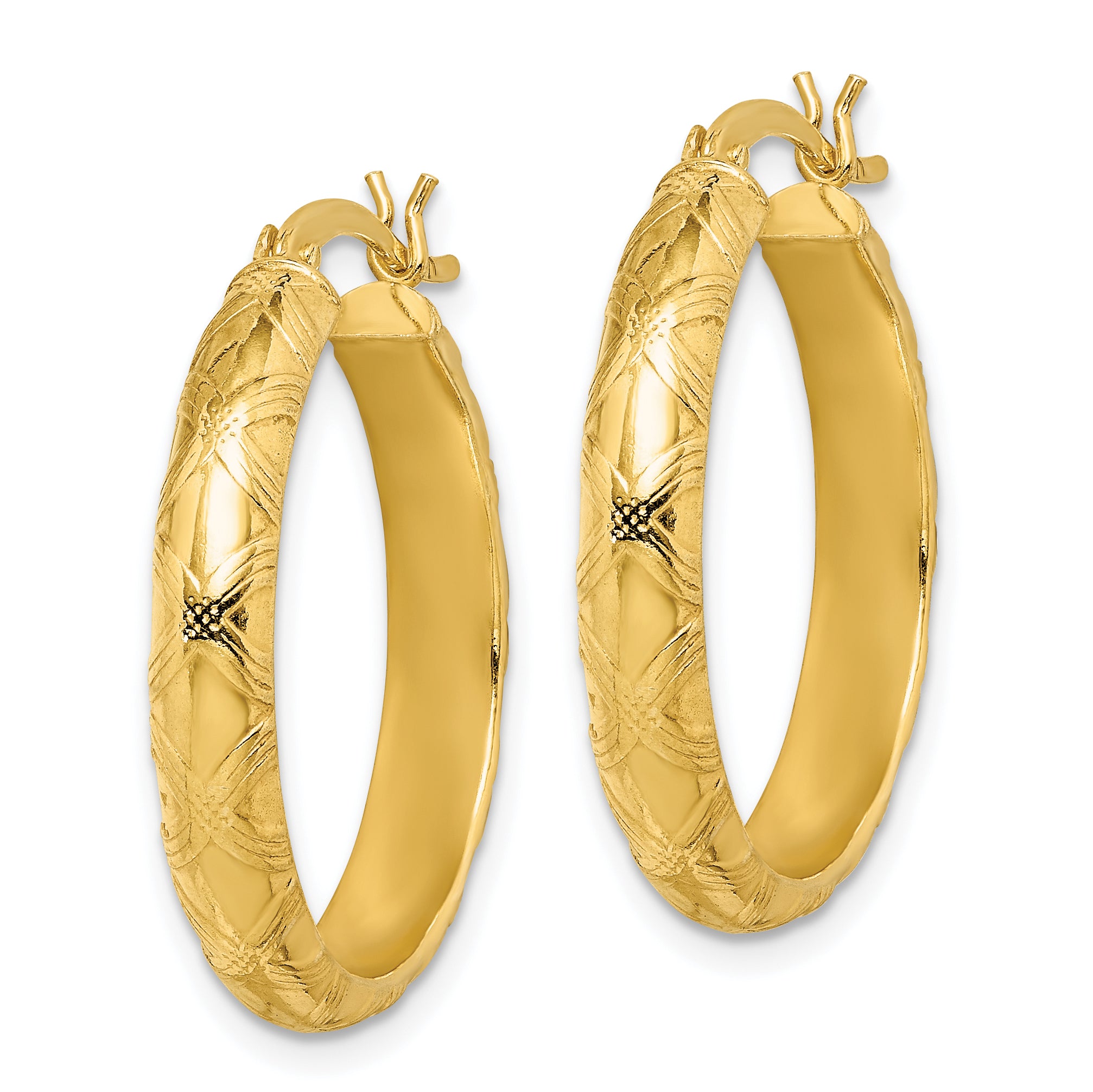 Sterling Silver Gold Flash Plated Patterned 4x25mm Hoop Earrings Secondary image