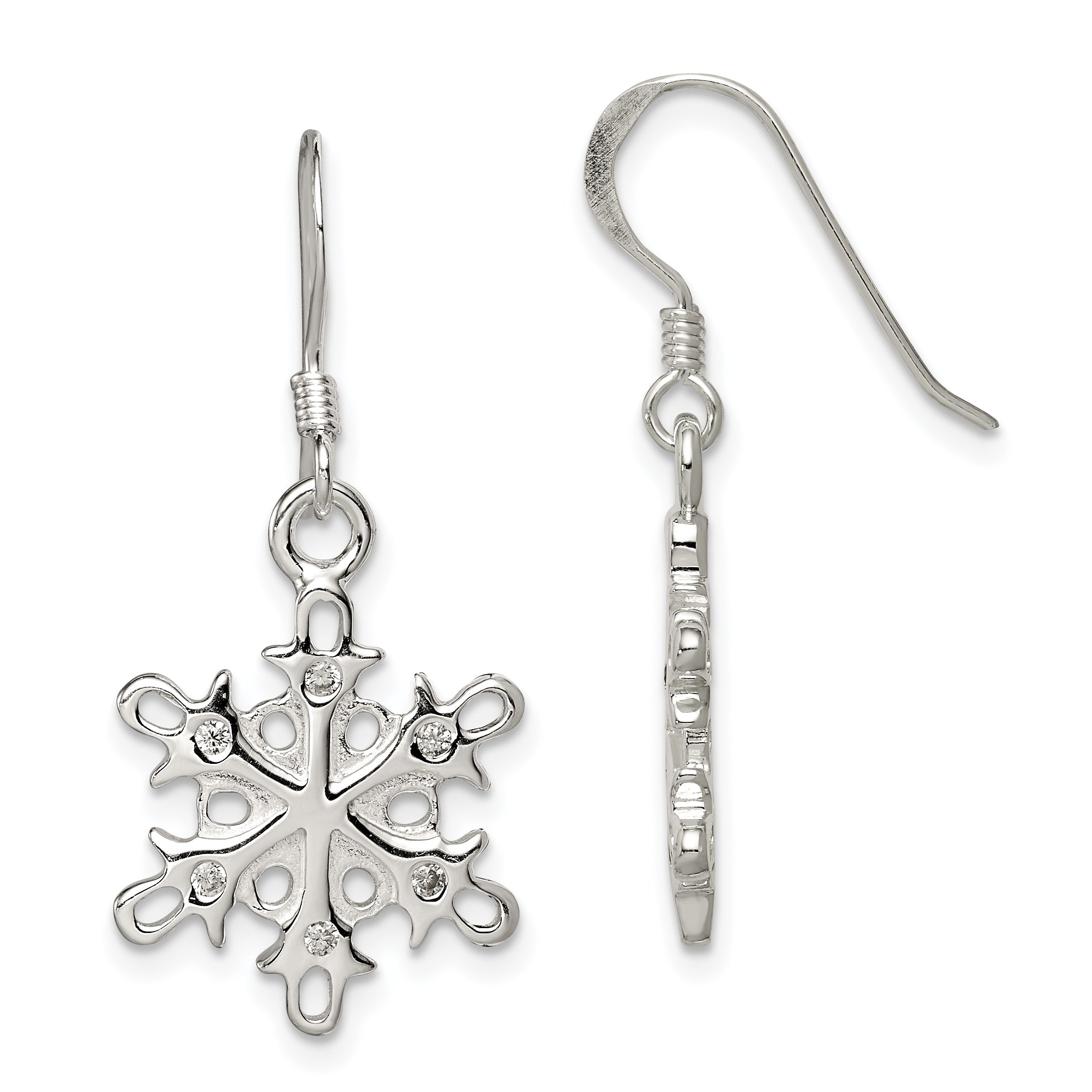 Sterling Silver Polished / Satin CZ Snowflake Dangle Earrings Main image