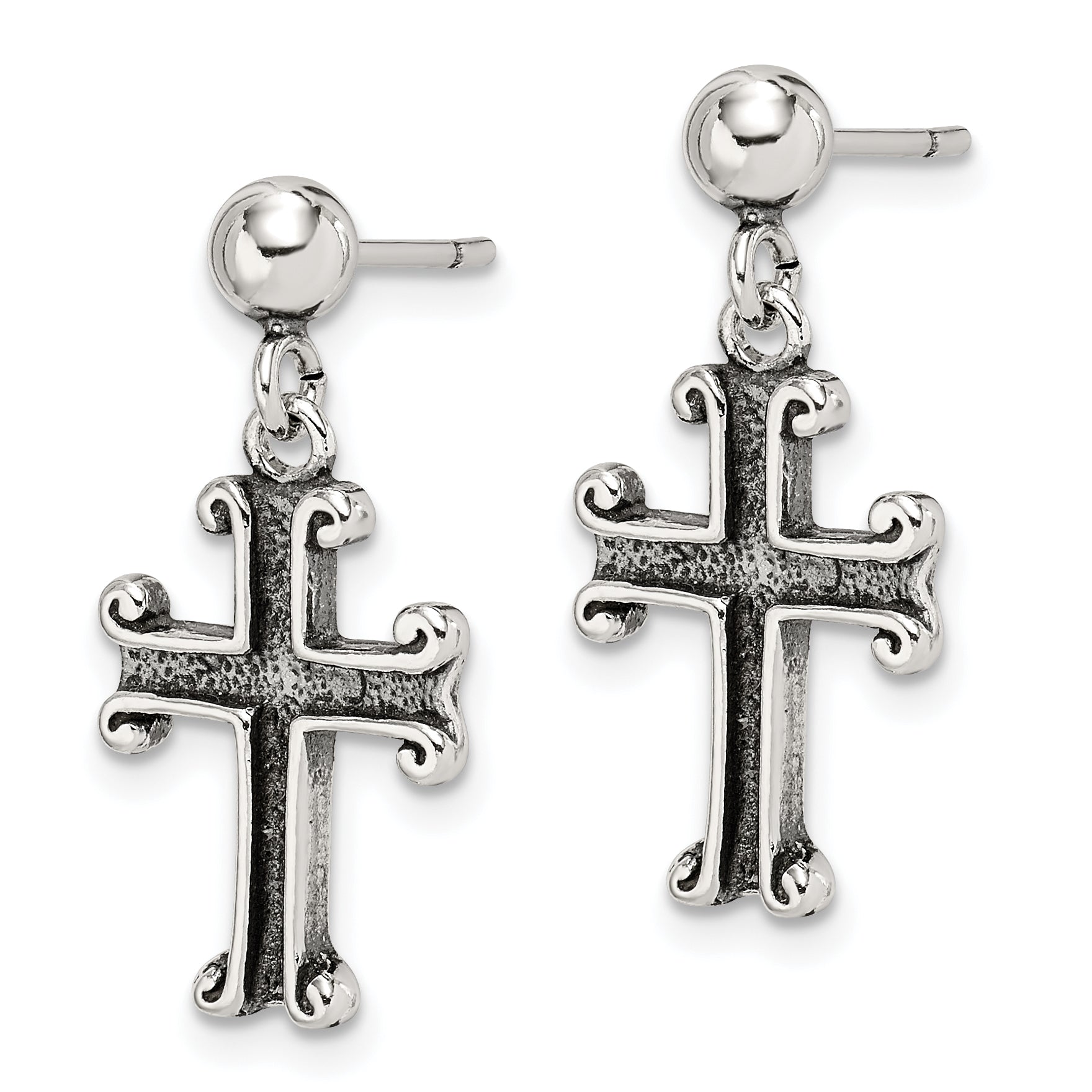 Sterling Silver Polished & Antiqued Cross Post Dangle Earrings Secondary image