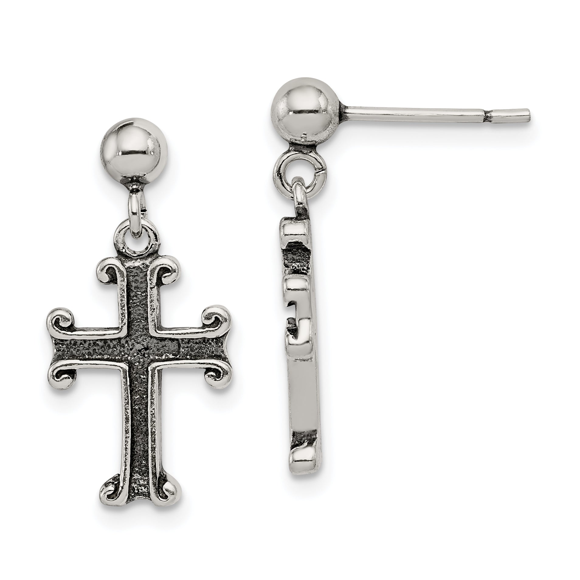 Sterling Silver Polished & Antiqued Cross Post Dangle Earrings Main image