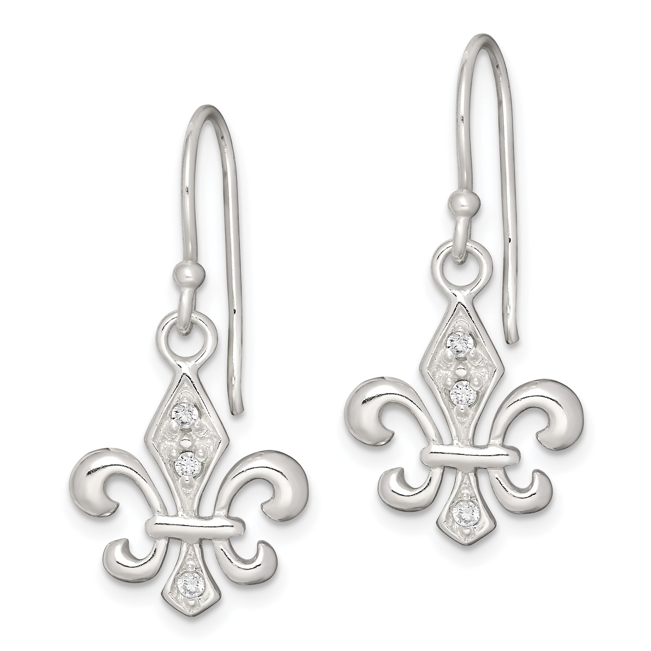 Sterling Silver Polished CZ Fleur de Lis Dangle Earrings Secondary image