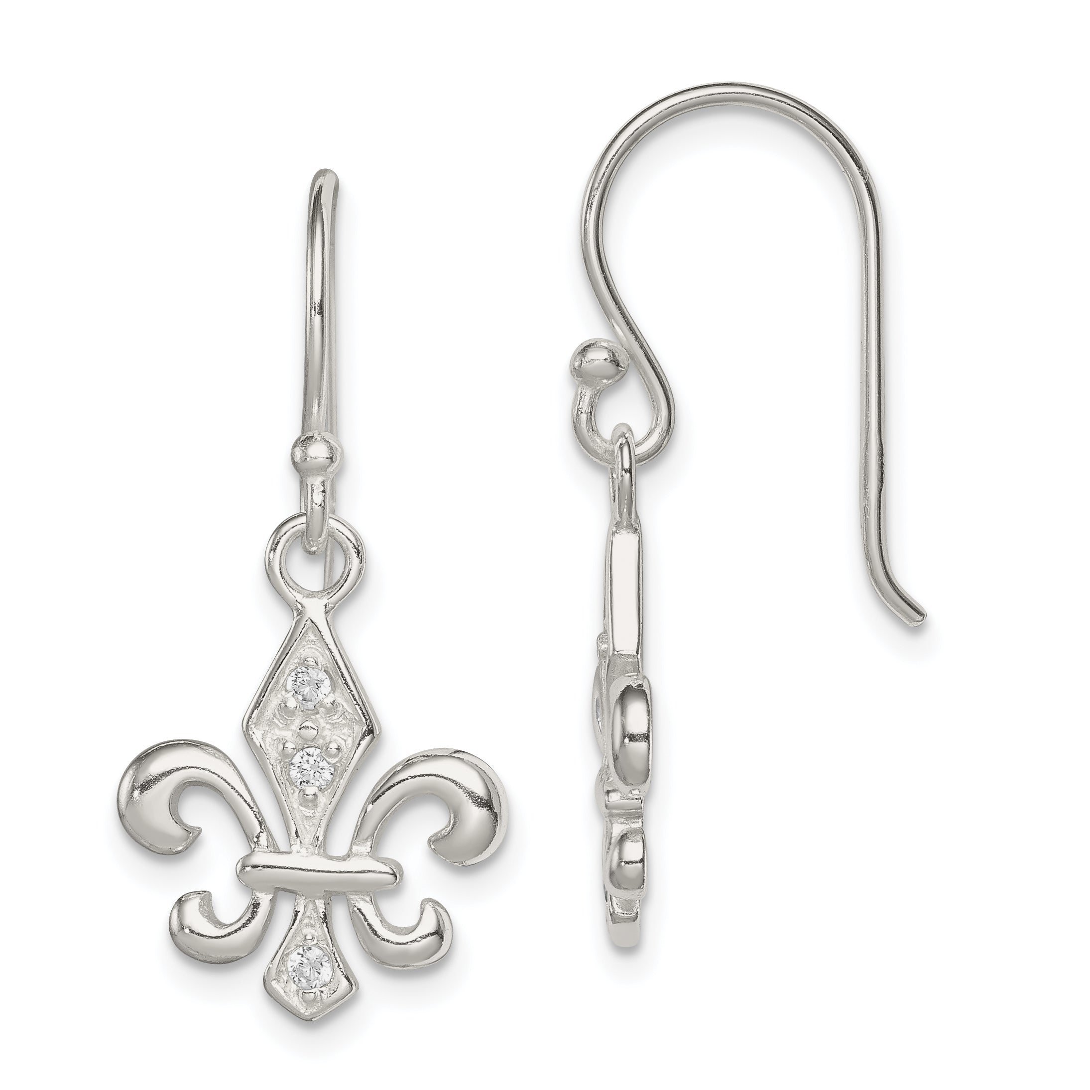 Sterling Silver Polished CZ Fleur de Lis Dangle Earrings Main image
