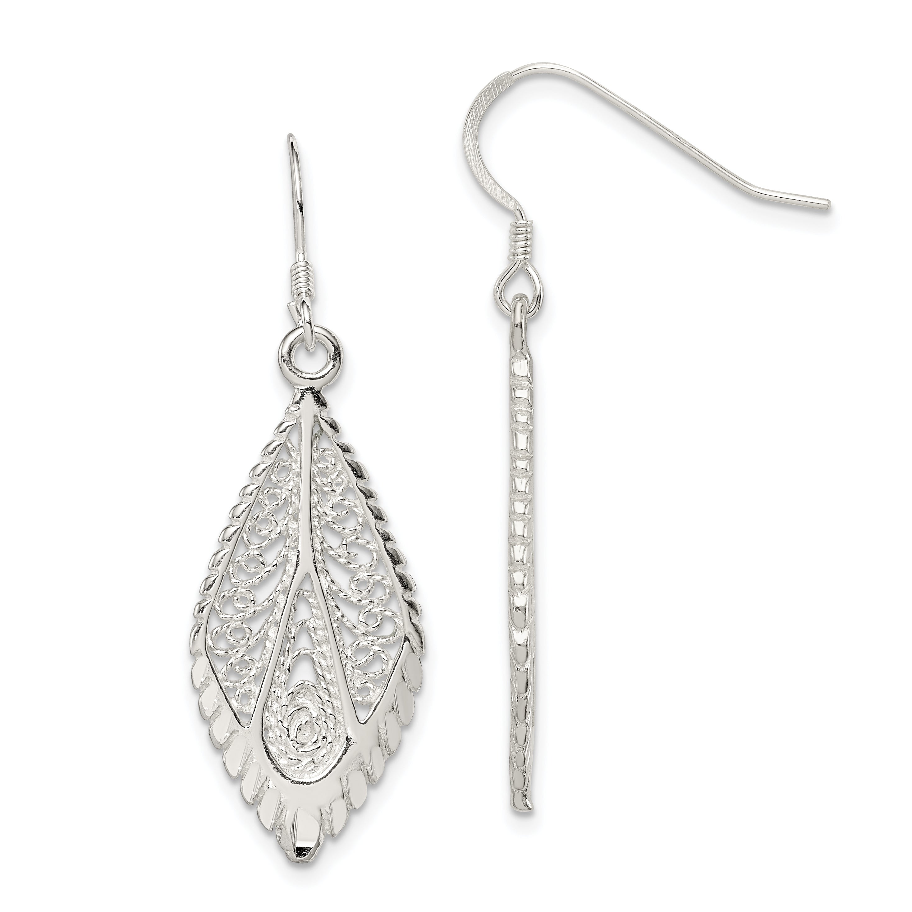 Sterling Silver Polished & D/C Fancy Filigree Teardrop Dangle Earrings Main image
