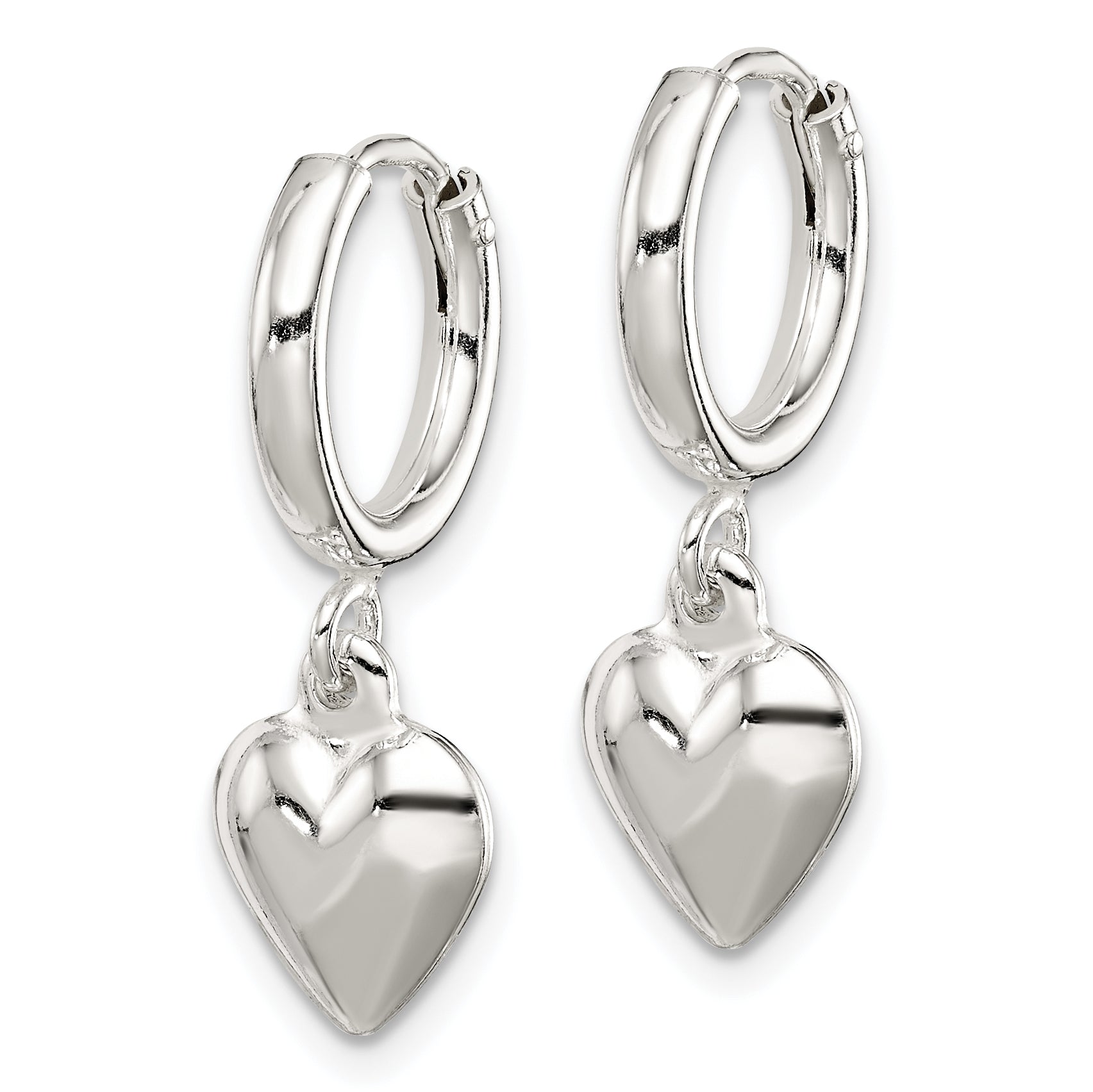 Sterling Silver Polished Puff Heart Dangle Hoop Earrings Secondary image