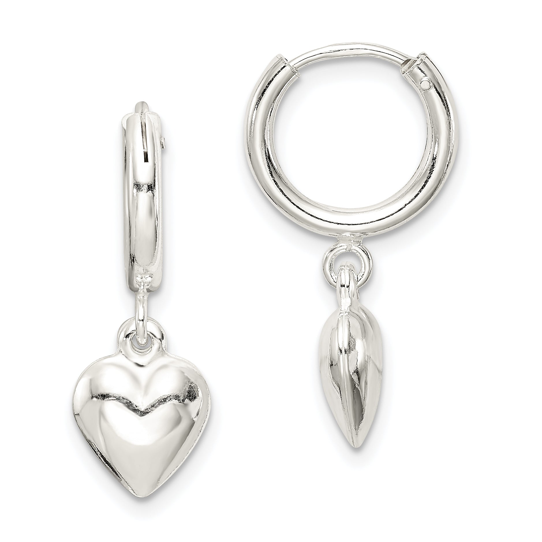 Sterling Silver Polished Puff Heart Dangle Hoop Earrings Main image