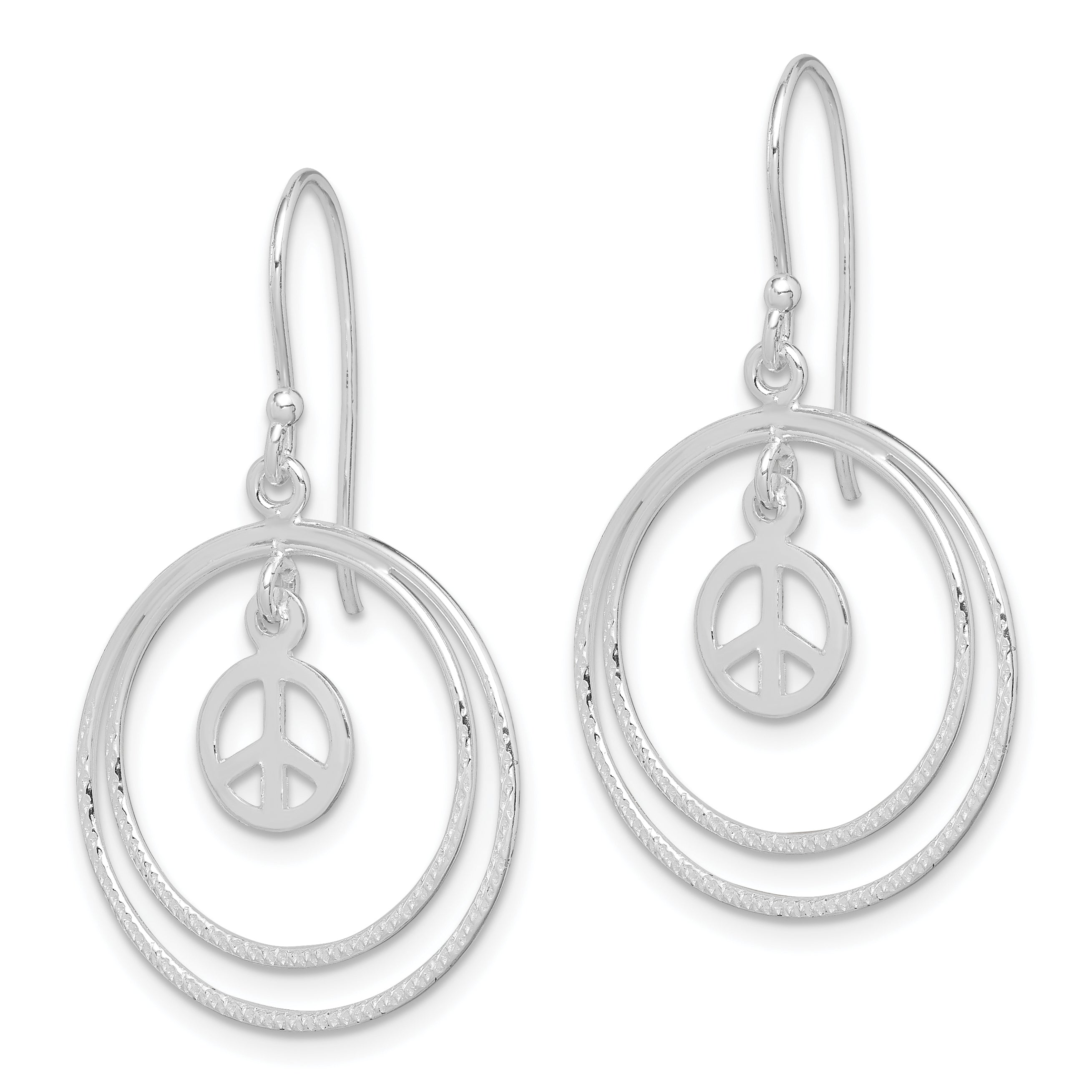 Sterling Silver Rhodium-plated Circles w/Peace Symbol Dangle Earrings Secondary image