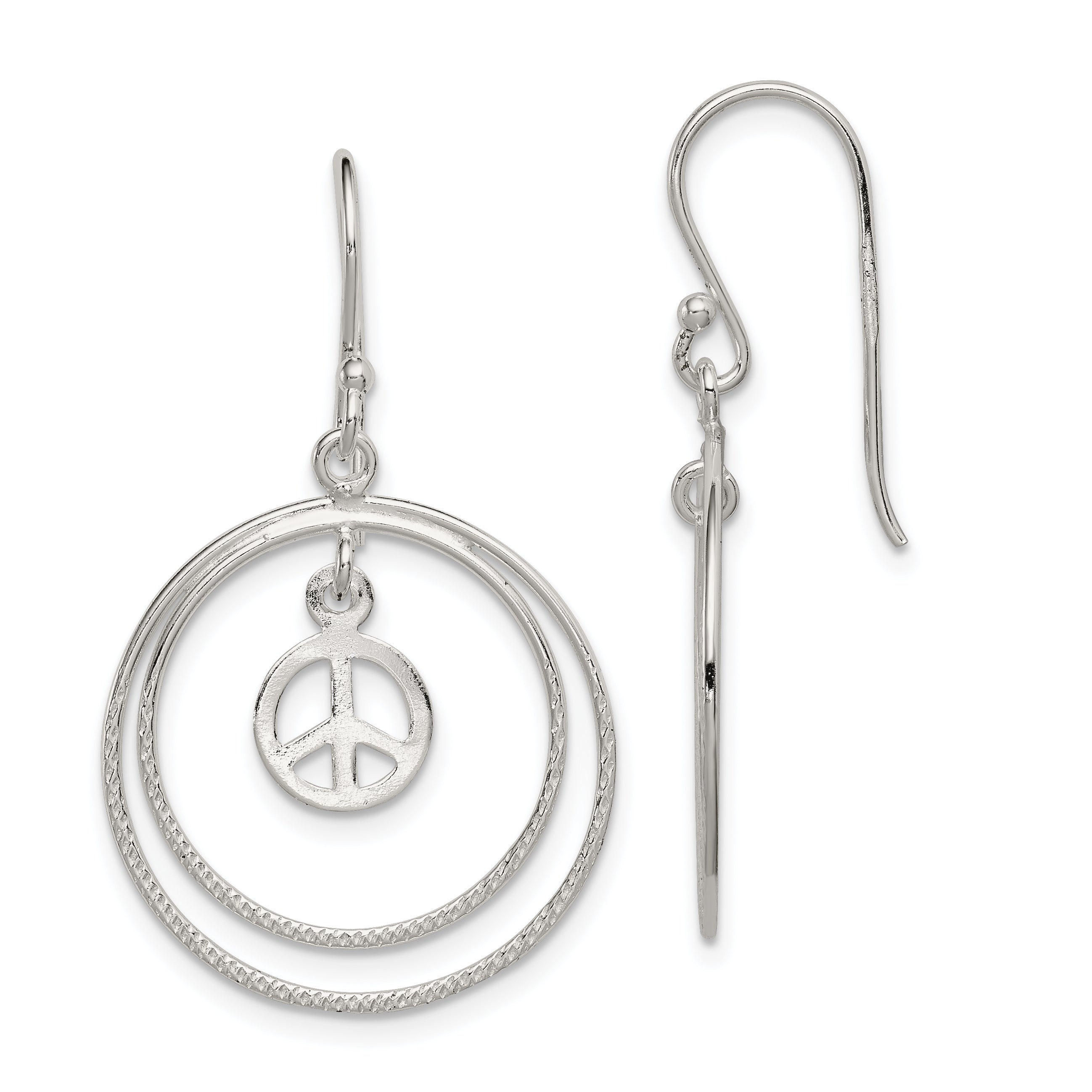 Sterling Silver Rhodium-plated Circles w/Peace Symbol Dangle Earrings Main image