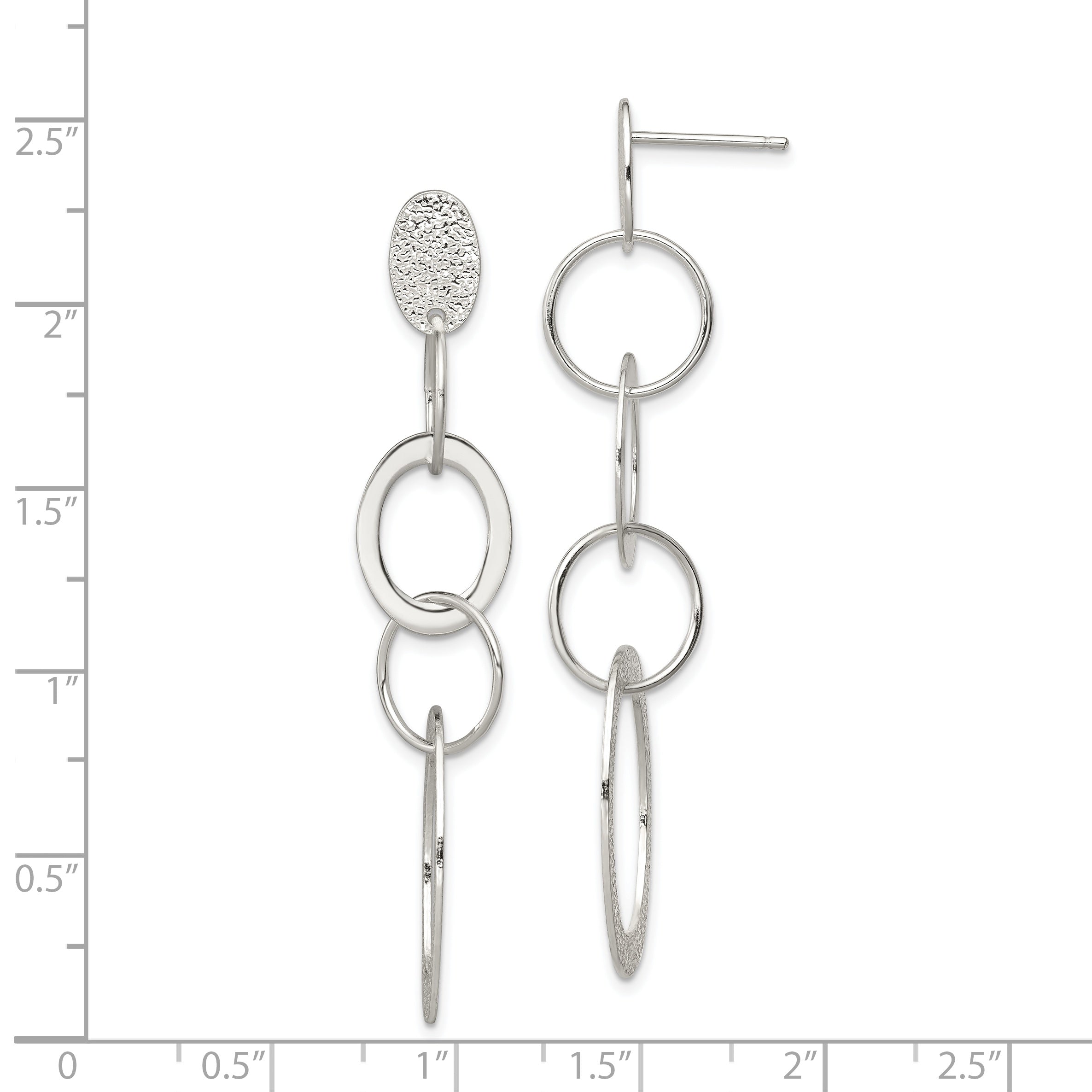 Sterling Silver Polished & Textured Circle & Oval Links Post Dangle Earring