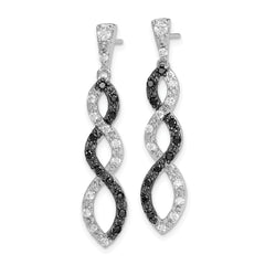 Sterling Silver Rhod-plated Black & White CZ Twist Post Dangle Earrings