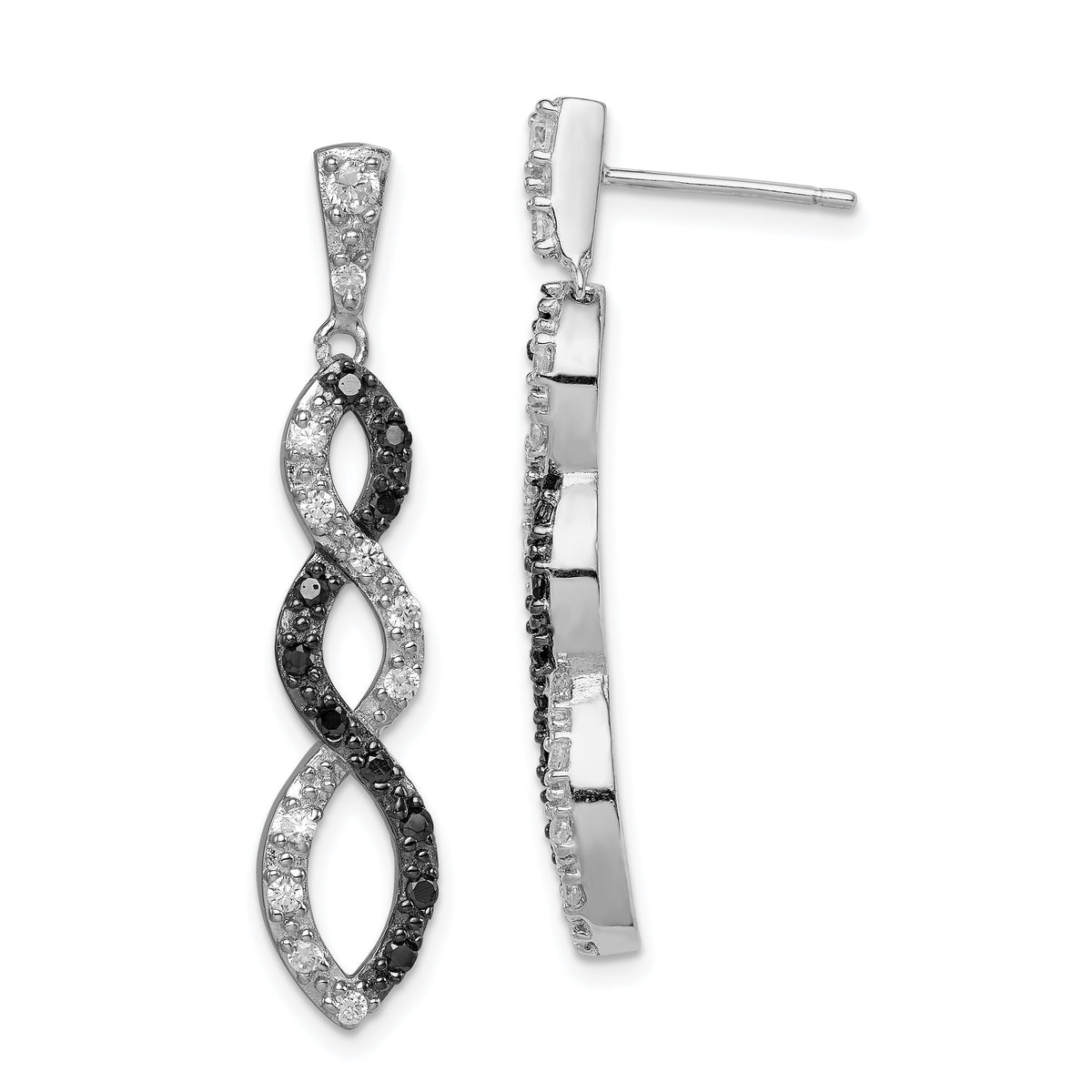 Sterling Silver Rhod-plated Black & White CZ Twist Post Dangle Earrings