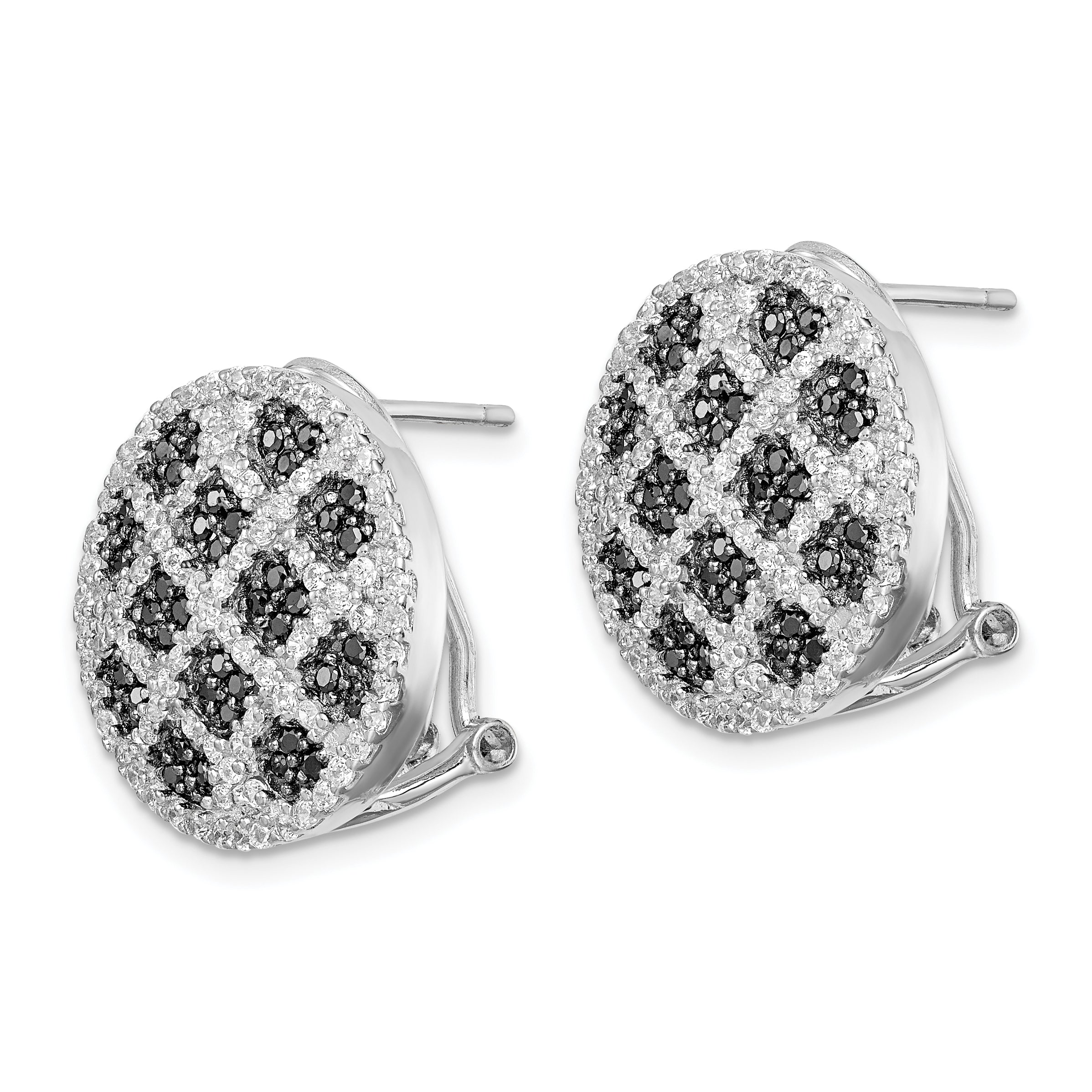 Sterling Silver Rhod-pltd Black/White CZ Criss Cross Omega Back Earrings