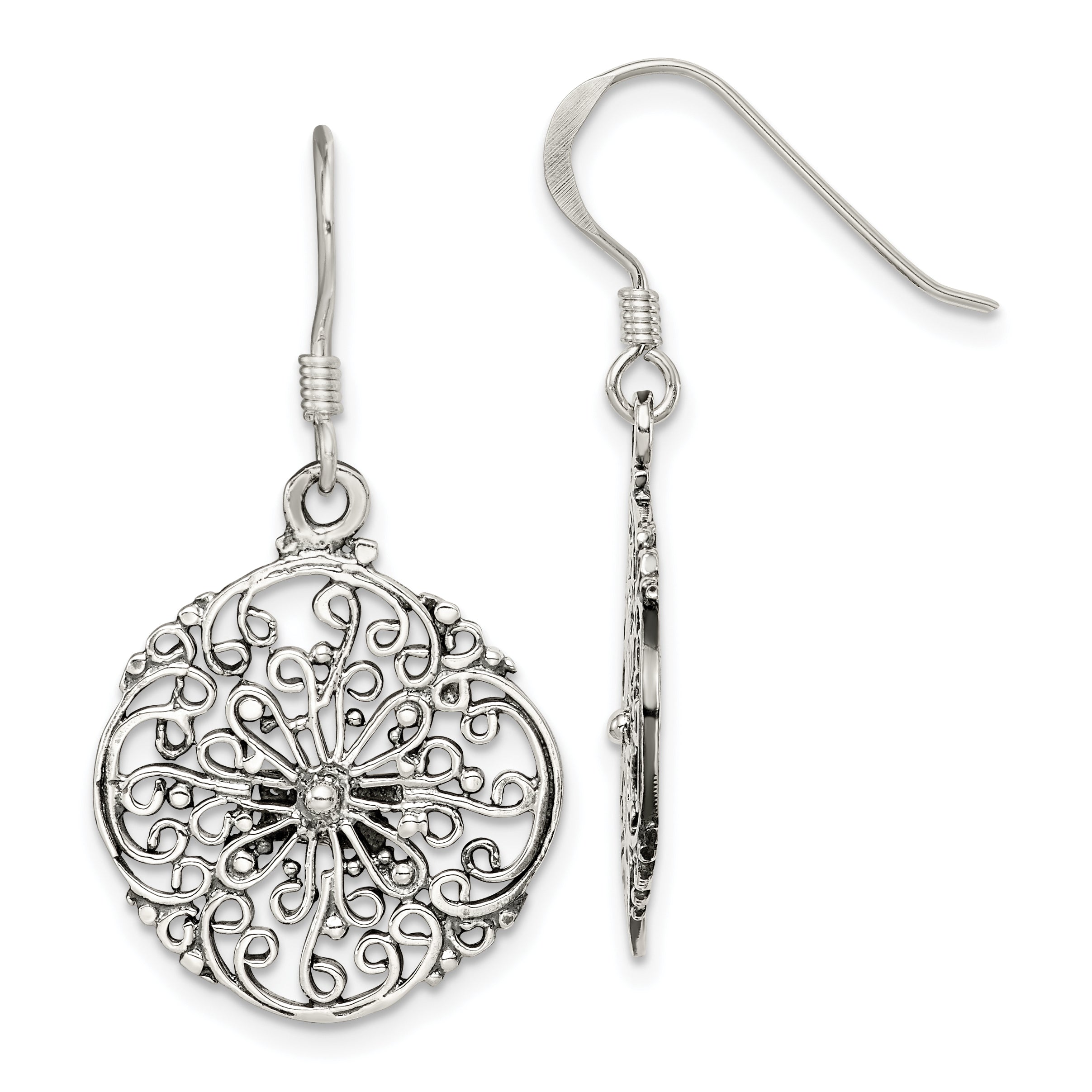 Sterling Silver Polished & Antiqued Filigree Circle Dangle Earrings Main image