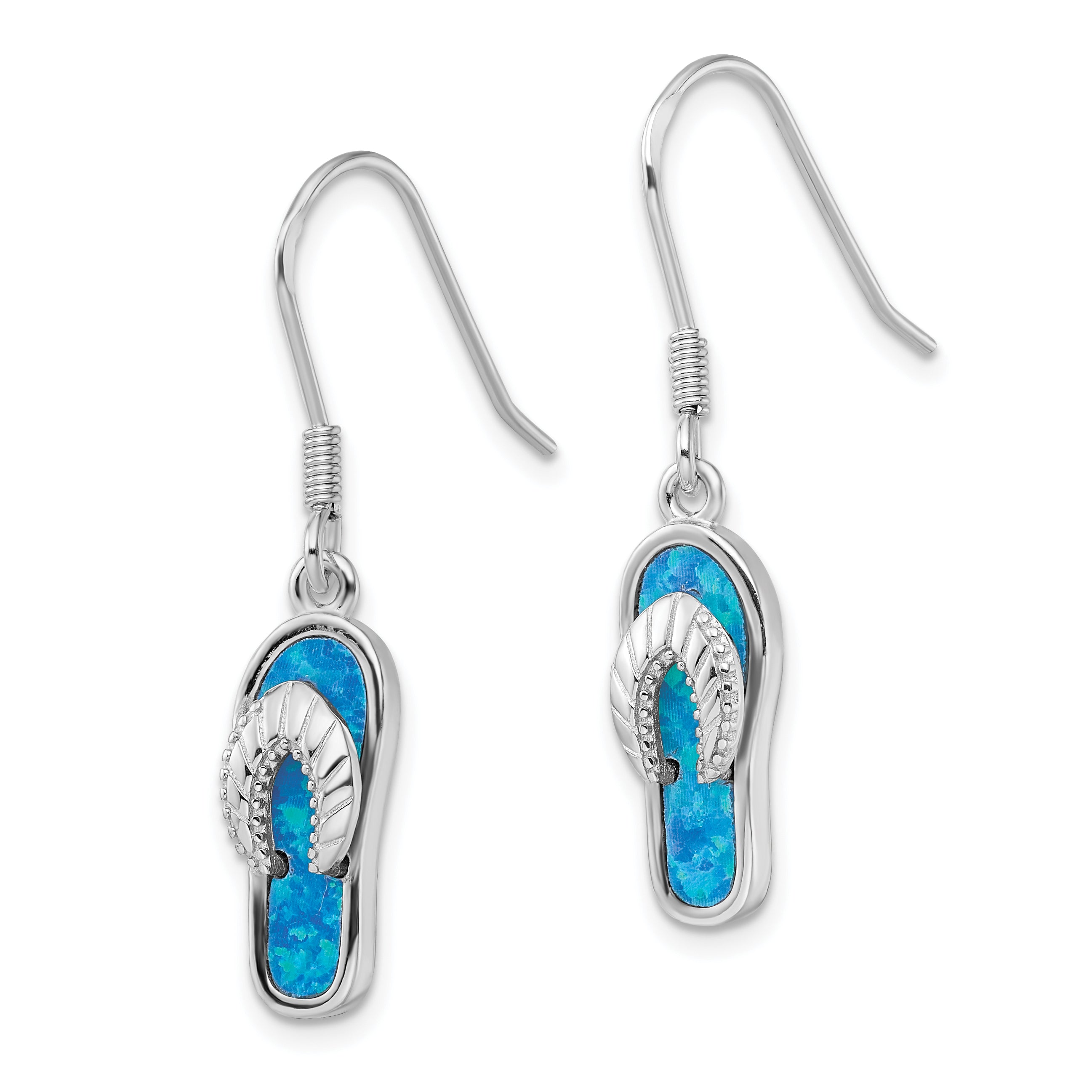 Sterling Silver Rhod-pltd Created Blue Inlay Opal Sandal Dangle Earrings
