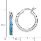 Sterling Silver Rhod-plated Created Blue Opal Inlay Round Hoop Earrings