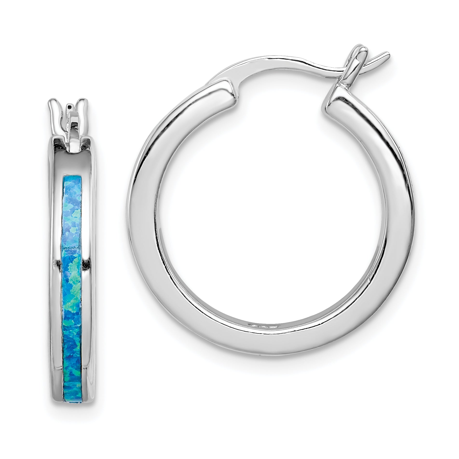Sterling Silver Rhod-plated Created Blue Opal Inlay Round Hoop Earrings Main image