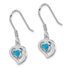 Sterling Silver Rhod-pltd Created Blue Opal Inlay Heart Dangle Earrings