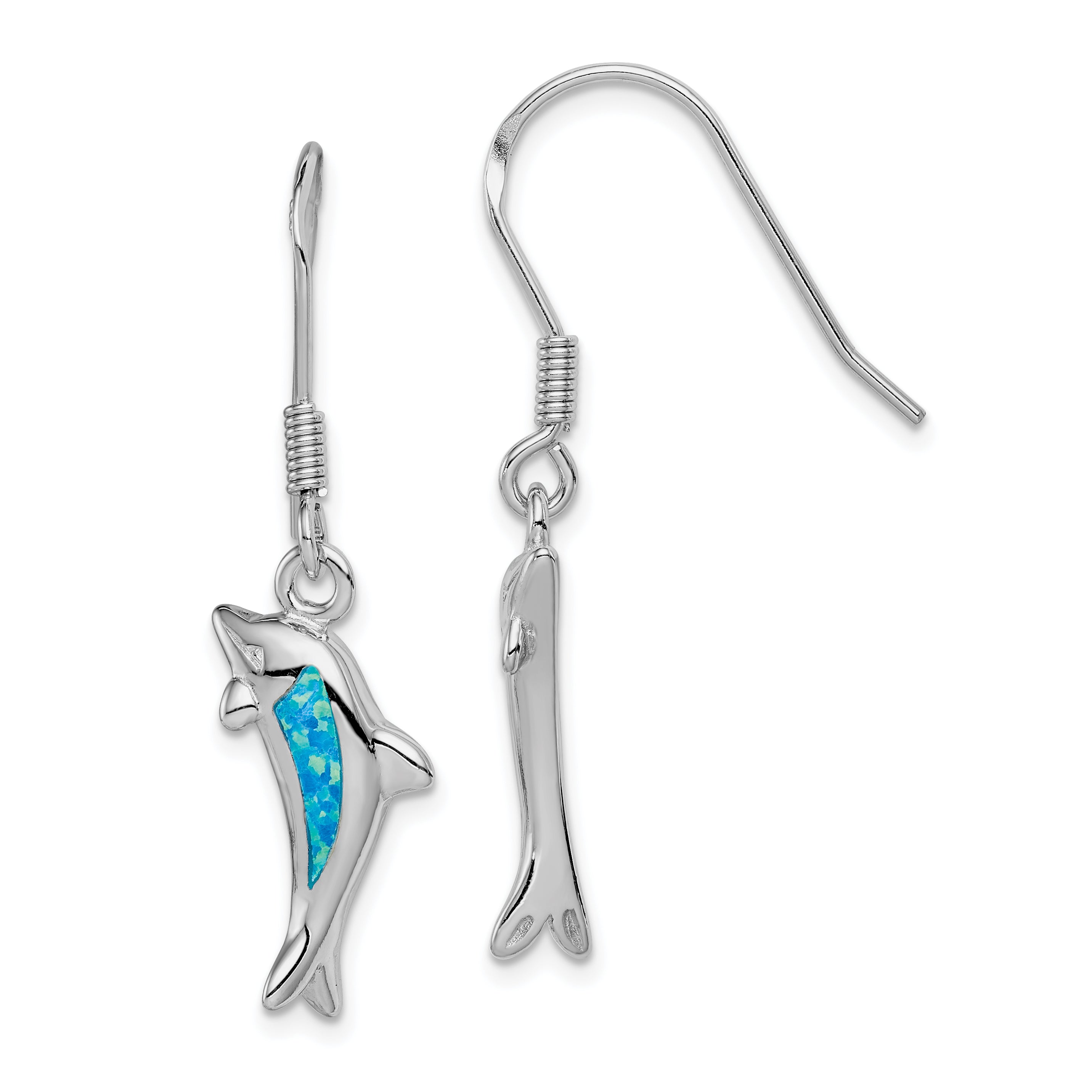Sterling Silver Rhodium-plated Polished Created Blue Opal Inlay Dolphin Dangle Earrings Main image