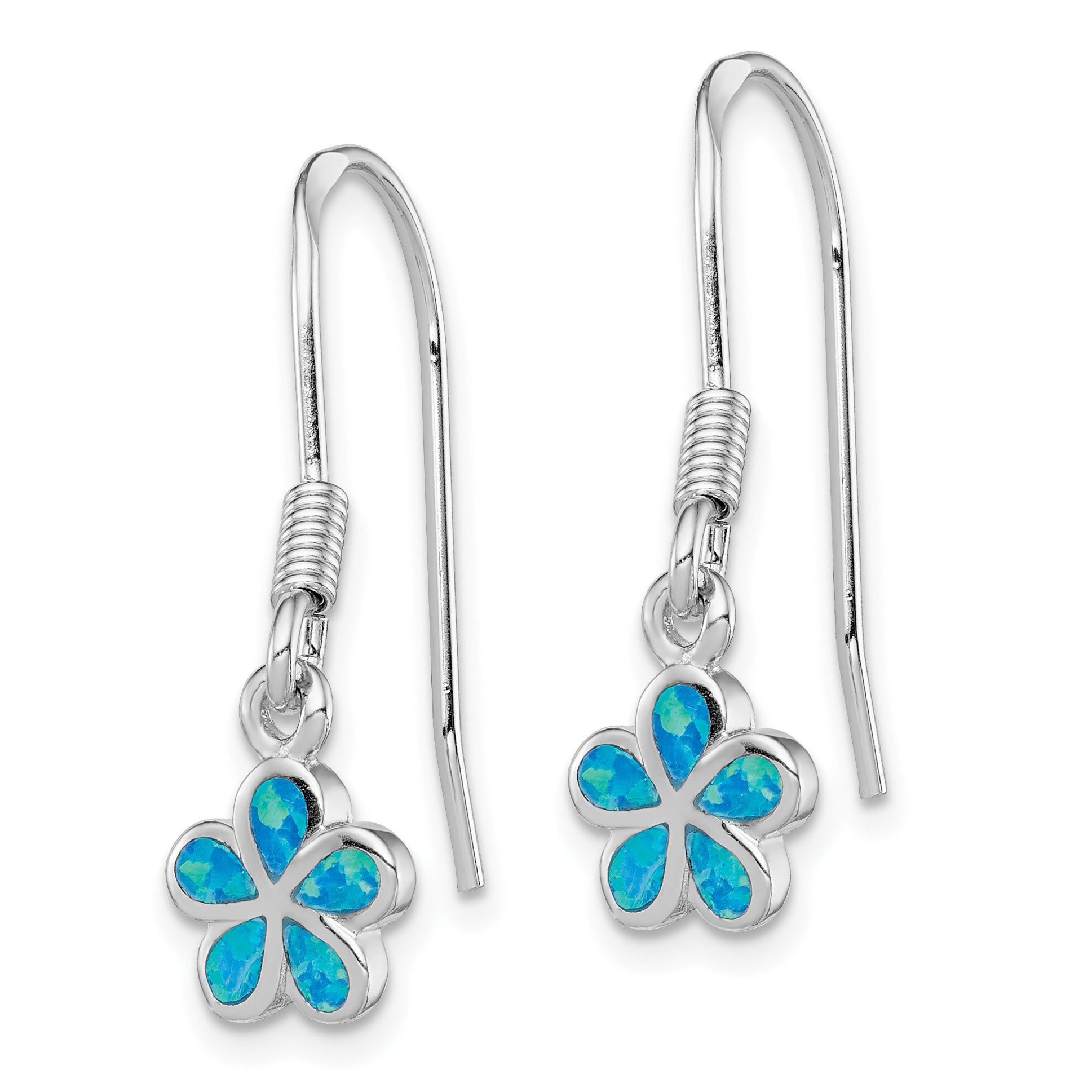 Sterling Silver Rhod-pltd Created Blue Opal Inlay Flower Dangle Earrings Secondary image