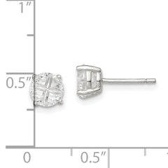 Sterling Silver 6mm Round Basket Set Cross-cut CZ Stud Earrings