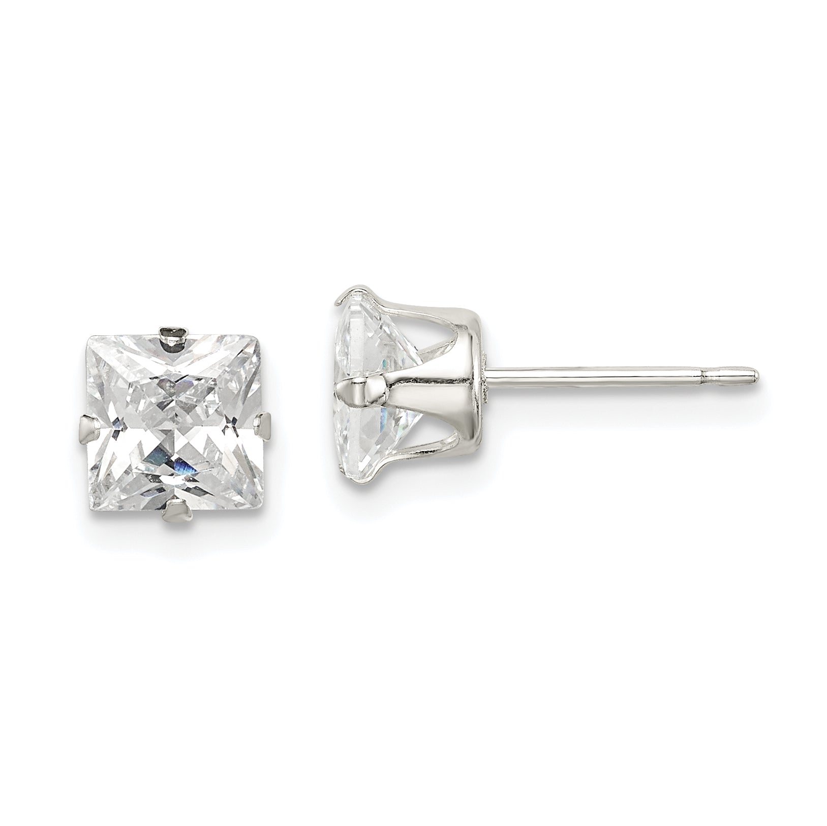 Sterling Silver 6mm Square Snap Set CZ Stud Earrings