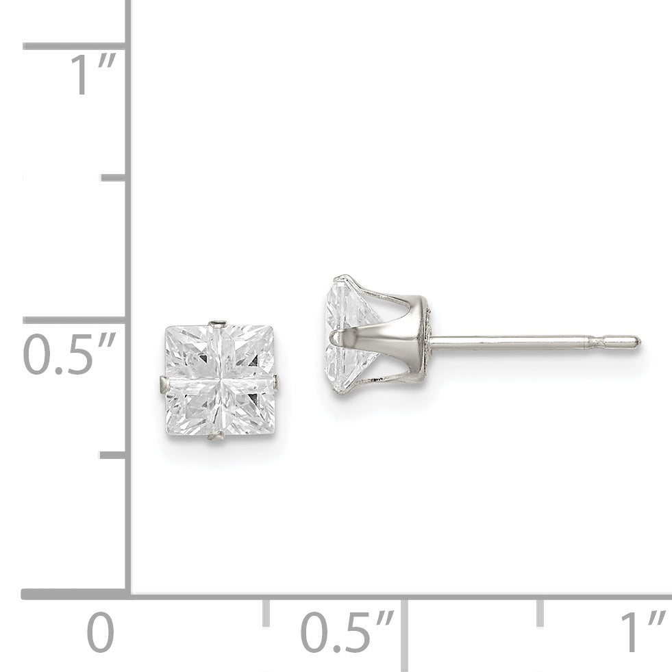 Sterling Silver 5mm Square Snap Set Cross-cut CZ Stud Earrings