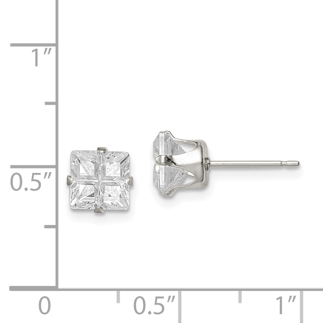 Sterling Silver 6mm Square Snap Set Cross-cut CZ Stud Earrings