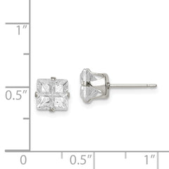 Sterling Silver 6mm Square Snap Set Cross-cut CZ Stud Earrings