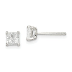 Sterling Silver 4mm Square Cross-cut CZ Basket Set Stud Earrings