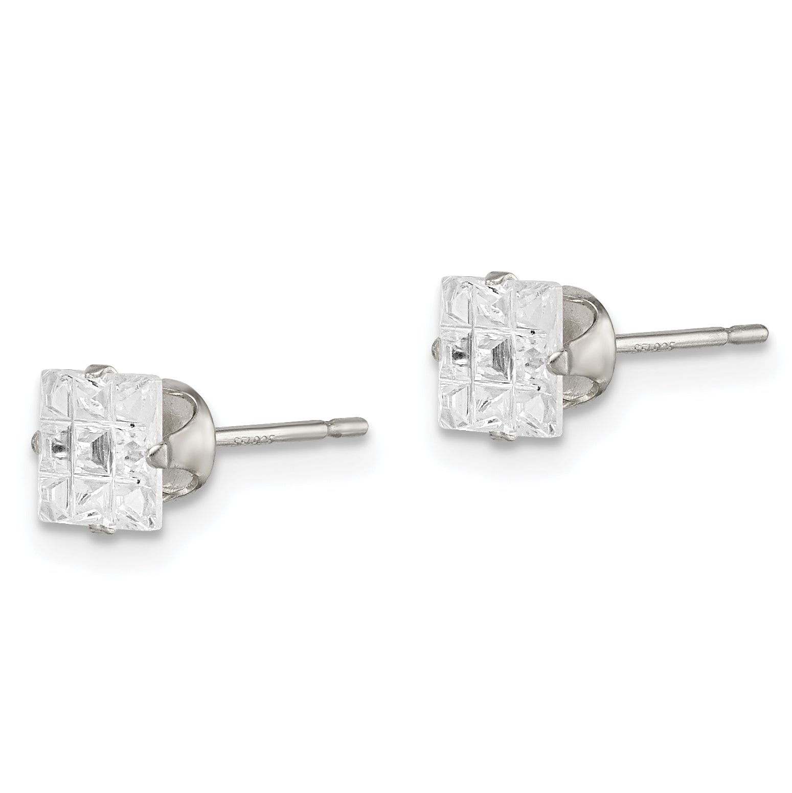 Sterling Silver 5mm Square Snap Set Laser-cut CZ Stud Earrings