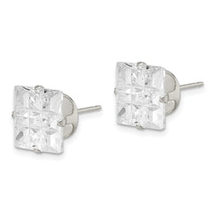 Sterling Silver 10mm Square Snap Set Laser-cut CZ Stud Earrings