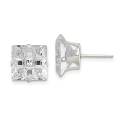 Sterling Silver 10mm Square Snap Set Laser-cut CZ Stud Earrings