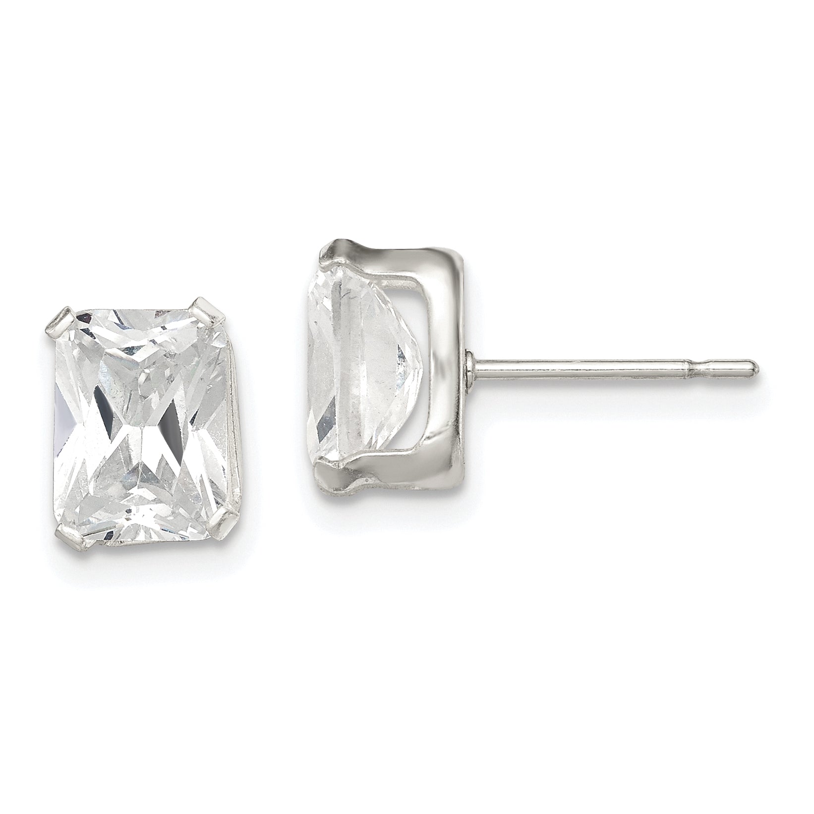 Sterling Silver Polished Emerald-cut 8x6mm Basket Set CZ Stud Earrings Main image